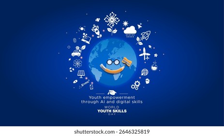 Happy World Youth Skills Day background. Youth Empowerment through artificial intelligence AI, Sustainable technology, and digital skills education training.