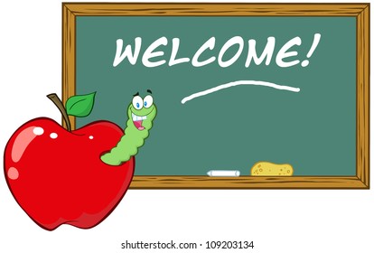 Happy Worm In Apple In Front Of School Chalk Board