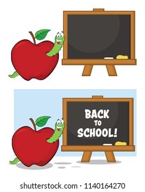 Happy Worm Cartoon Mascot Character In A Red Apple With A Back To School Chalk Board. Vector Collection Isolated On White Background
