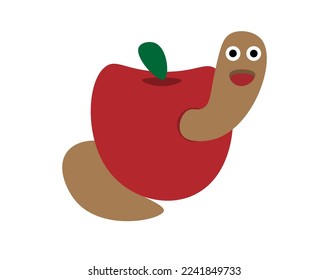 Happy worm coming out of red apple. Vector with brown worm on fruit