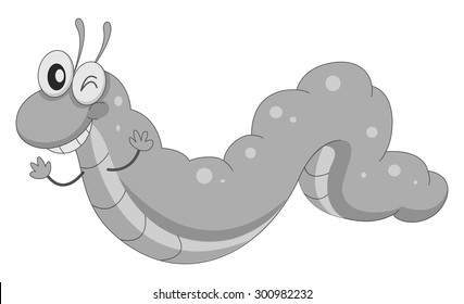 Happy worm crawling in black and white