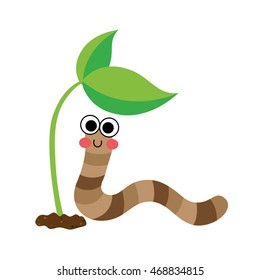 Happy Worm crawling under the sprout animal cartoon character isolated on white background.