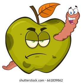 Happy Worm In A Grumpy Rotten Green Apple Fruit Cartoon Mascot Characters. Vector Illustration Isolated On White Background