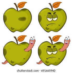 Happy Worm In A Grumpy Rotten Green Apple Fruit Cartoon Mascot Characters Series Set 2. Vector Collection Isolated On White Background