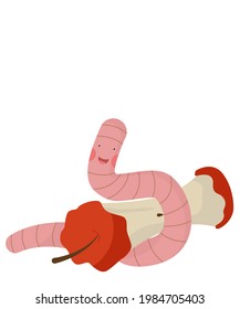 A happy worm with pink cheeks and a wide smile with an apple core. Composting organic matter concept. organic farming. disposal of organic waste with the help of worms