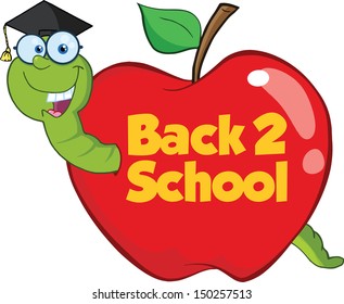 Happy Worm In Red Apple With Graduate Cap,Glasses And Text