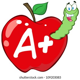 Happy Worm In Red Apple With Leter A+