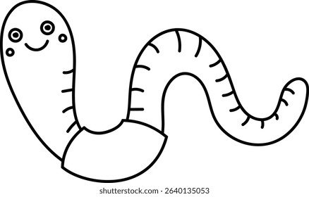 A happy worm with a smiling face and simple line details. The worm's body is segmented with playful curves and dots for eyes. Cartoon vector illustration.