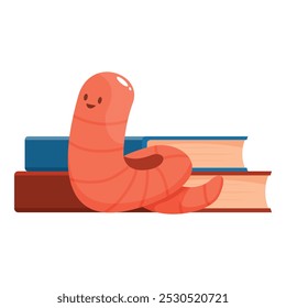 O verme feliz está fazendo uma pausa em uma pilha de livros, desfrutando de um momento de descanso após uma sessão produtiva de estudo