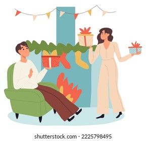 Happy xmas celebrating people, Christmas party festive preparation. Winter holiday celebration, xmas winter activities isolated flat cartoon vector illustration on white background