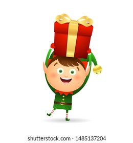 Happy Xmas elf giving gifts. Present box, wrap, discount. Christmas concept. Realistic vector illustration can be used for greeting cards, New Year banner and poster design