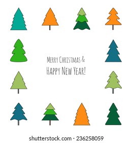 Happy xmas greeting card. Christmas tree. New year background. 