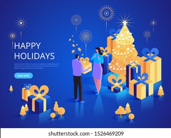 Happy xmas holidays landing page vector template. Gift giving website homepage interface idea with isometric illustrations. Christmas surprise. Celebrate traditional winter event web banner 3D concept