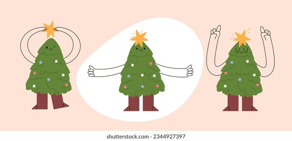 Happy Xmas Tree Cartoon set. Fun character with a cute smile, boots, and hands, brightened by Christmas lights. A joyful way to welcome the New Year. Flat illustrations isolated on white background.