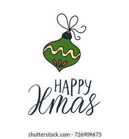 Happy Xmas. Vector Christmas card with hand lettering and winter illustration. 