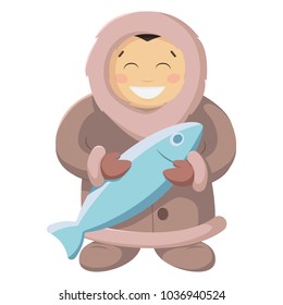 Happy yakut holds in his hands a large blue fish, vector, sticker without background