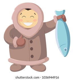 Happy yakut holds in his hands a large blue fish, vector, sticker without background