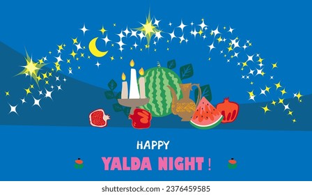 Happy Yalda night banner template with symbols of the holiday - watermelon, pomegranate, nuts, candles. Iranian night of forty festival of winter solstice celebration.