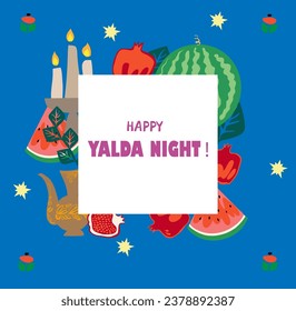 Happy Yalda night banner template with symbols of the holiday - watermelon, pomegranate, nuts, candles. Iranian night of forty festival of winter solstice celebration.