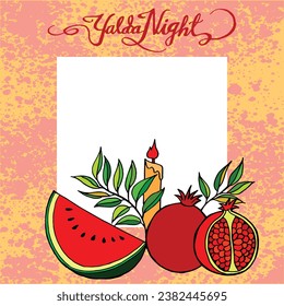 Happy yalda night hand drawn illustration frame background, background for greeting card