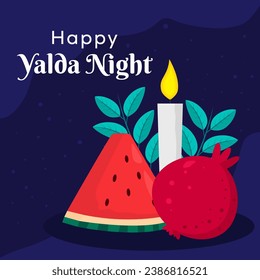 Happy Yalda Night illustration with leaves, pomegranate, watermelon, and candle