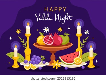 Happy Yalda Night Vector Illustration of an Iranian Festival, featuring a Watermelon Slice, Pomegranate, Candles, and Lemon in a Flat Background