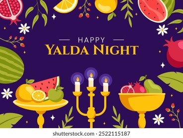 Happy Yalda Night Vector Illustration of an Iranian Festival, featuring a Watermelon Slice, Pomegranate, Candles, and Lemon in a Flat Background