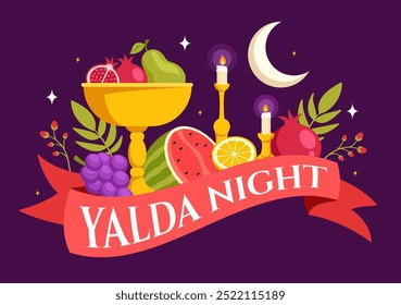 Happy Yalda Night Vector Illustration of an Iranian Festival, featuring a Watermelon Slice, Pomegranate, Candles, and Lemon in a Flat Background