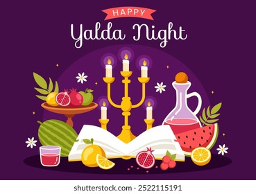 Happy Yalda Night Vector Illustration of an Iranian Festival, featuring a Watermelon Slice, Pomegranate, Candles, and Lemon in a Flat Background