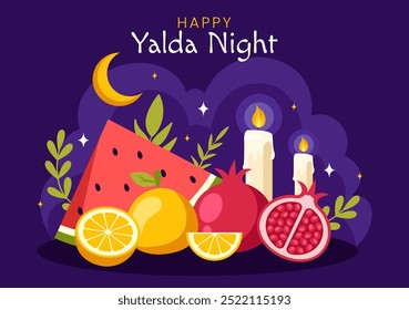 Happy Yalda Night Vector Illustration of an Iranian Festival, featuring a Watermelon Slice, Pomegranate, Candles, and Lemon in a Flat Background