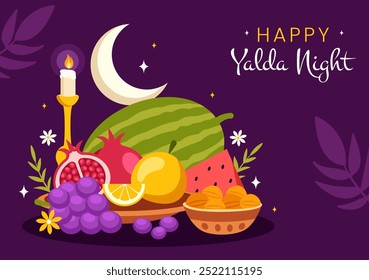 Happy Yalda Night Vector Illustration of an Iranian Festival, featuring a Watermelon Slice, Pomegranate, Candles, and Lemon in a Flat Background