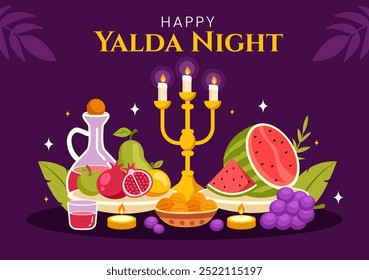 Happy Yalda Night Vector Illustration of an Iranian Festival, featuring a Watermelon Slice, Pomegranate, Candles, and Lemon in a Flat Background