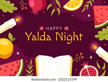 Happy Yalda Night Vector Illustration of an Iranian Festival, featuring a Watermelon Slice, Pomegranate, Candles, and Lemon in a Flat Background