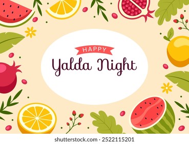 Happy Yalda Night Vector Illustration of an Iranian Festival, featuring a Watermelon Slice, Pomegranate, Candles, and Lemon in a Flat Background