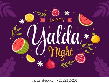 Happy Yalda Night Vector Illustration of an Iranian Festival, featuring a Watermelon Slice, Pomegranate, Candles, and Lemon in a Flat Background