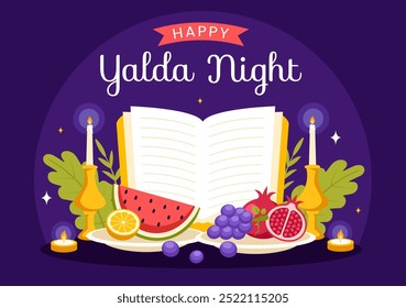 Happy Yalda Night Vector Illustration of an Iranian Festival, featuring a Watermelon Slice, Pomegranate, Candles, and Lemon in a Flat Background