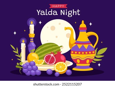 Happy Yalda Night Vector Illustration of an Iranian Festival, featuring a Watermelon Slice, Pomegranate, Candles, and Lemon in a Flat Background