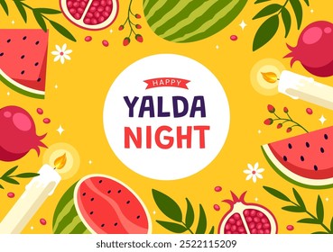 Happy Yalda Night Vector Illustration of an Iranian Festival, featuring a Watermelon Slice, Pomegranate, Candles, and Lemon in a Flat Background