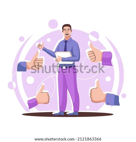 Happy yang smiling man supported by hands with thumbs up. Public approval, recognition, acknowledgment, acceptance, appreciation concept.