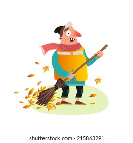 Happy Yardman sweeping autumn leaves with a broom. Funny street cleaner character. Vector illustration isolated on white. 