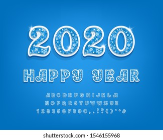 Happy year 2020. Ornate 3d vector alphabet with snowflakes pattern and shining stars. Uppercase letters and numbers. Paper cut style font, blue and white colors. Beautiful typeface for winter design