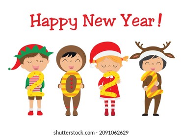  Happy year 2022. Children dressed as Christmas characters together with 2022
