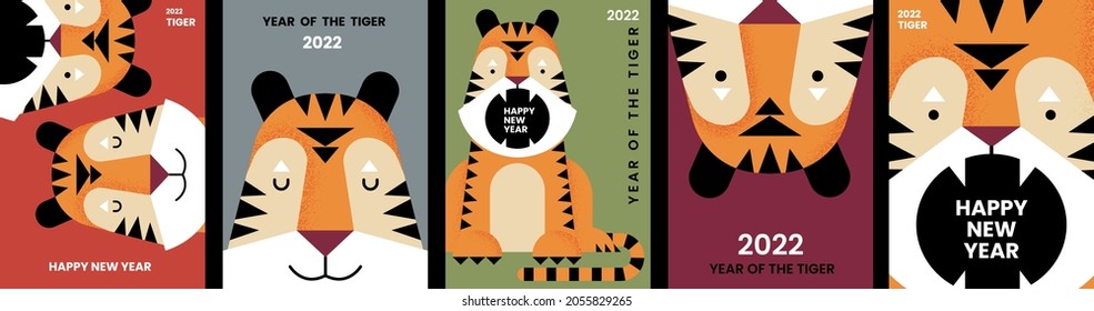 Happy Year 2022 of the tiger. Set of vector  illustrations for poster, banner, postcard or cover.	