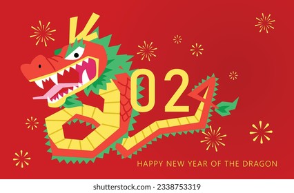 Happy year of the dragon 2024 greetings card design. Funny face flying dragon forming the numbers 2024. Fireworks decorative background