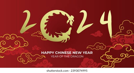 Happy year of the dragon 2024 greetings card. Golden asian dragon shape on a red background with decorative oriental clouds pattern.