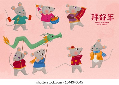 Happy year of the rat cute characters on pink background, pay a new year call written in Chinese words on upper right
