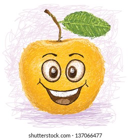 happy yellow apple cartoon character smiling.