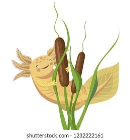 Happy yellow axolotl behind reeds. Vector cartoon style illustration. 