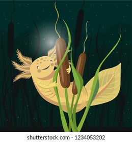 Happy yellow axolotl behind reeds.Background of night sky with fireflies. Vector cartoon style illustration. 