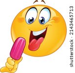 Happy yellow ball with tongue out getting ready to eat a Popsicle or an ice lolly pop 
